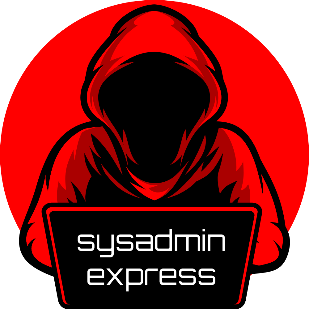 Старий знак Sysadmin.Express: хакер у каптурі з ноутбуком на яскраво-червоному колі, обличчя сховане в тіні.